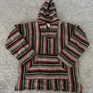 Unisex Adult Woven Knit Baja Style Hoodie Striped Red Black Acrylic Size Medium